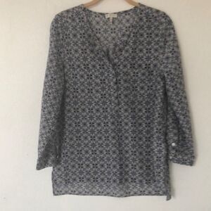 Jose 100% Silk Long Sleeve Sheer  Tile Print V-Neck Button Up Blouse Size S